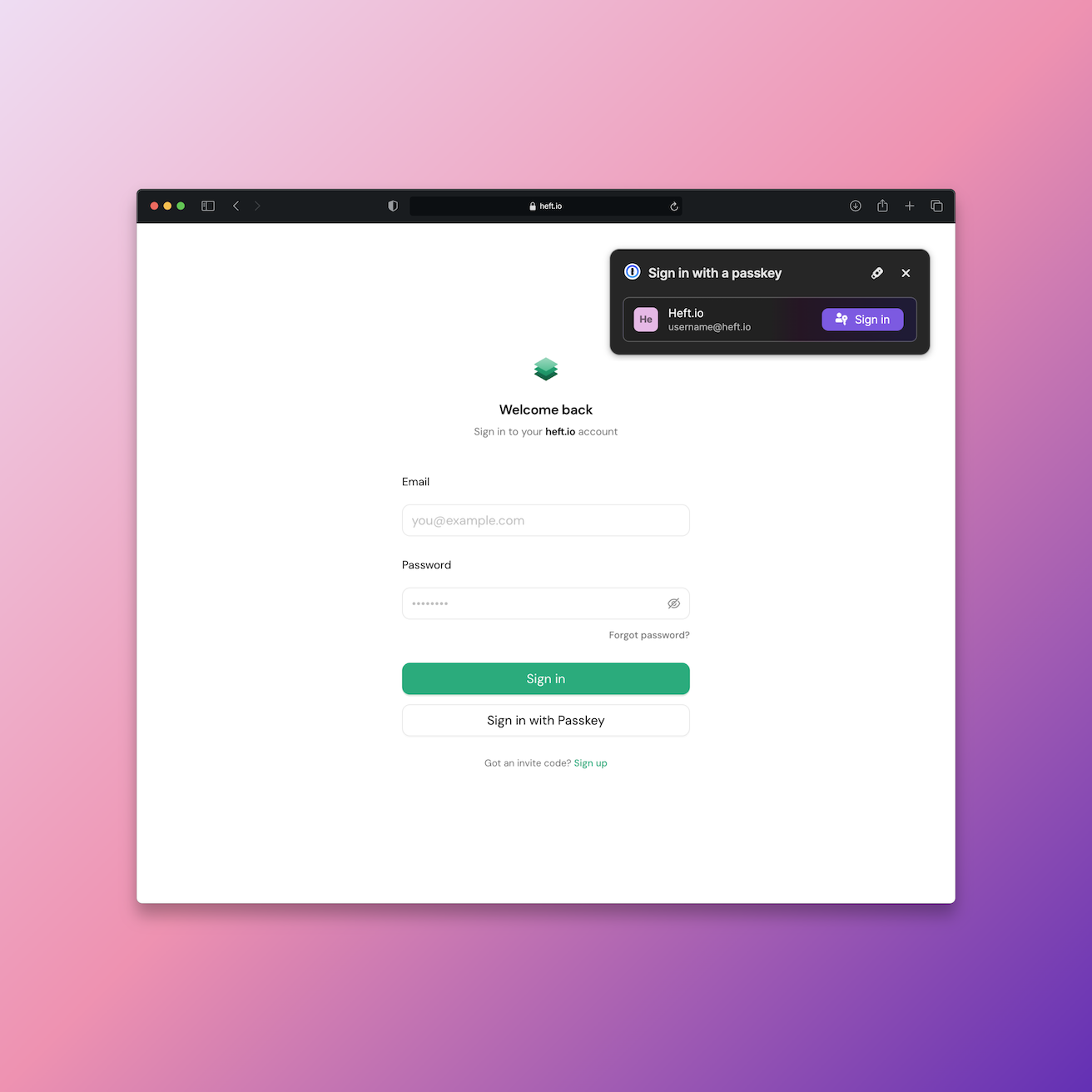 heft.io analytics application showing passkey login
