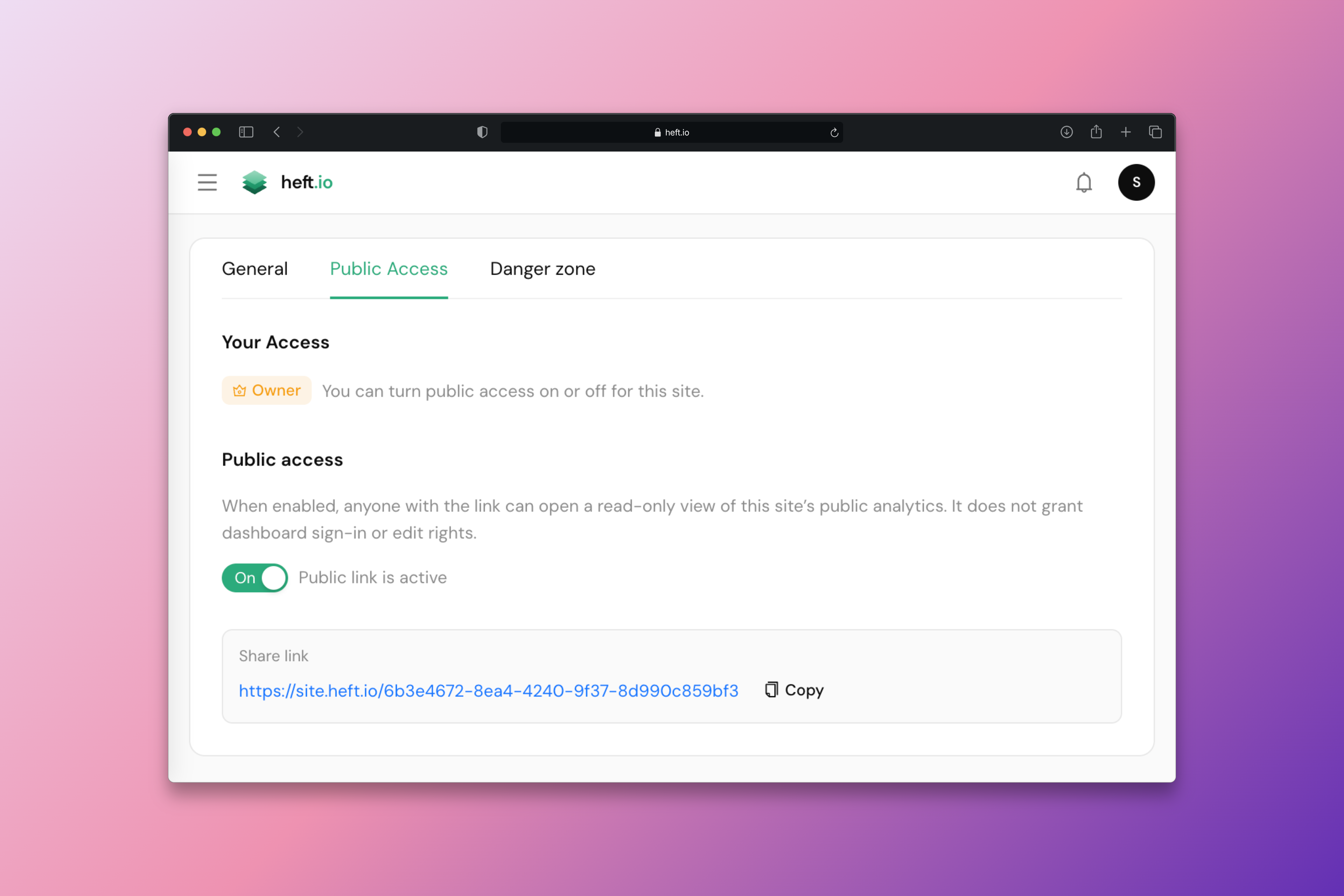 Public Access settings in heft.io site preferences